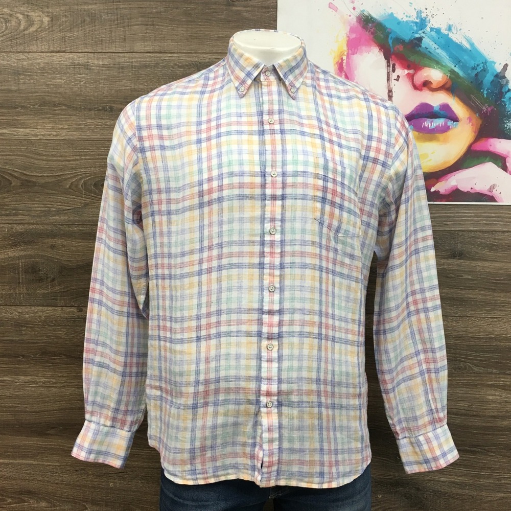 Peter‎ Millar Hammock Plaid Linen Button Down Shirt Long Sleeve Colorful Mens L